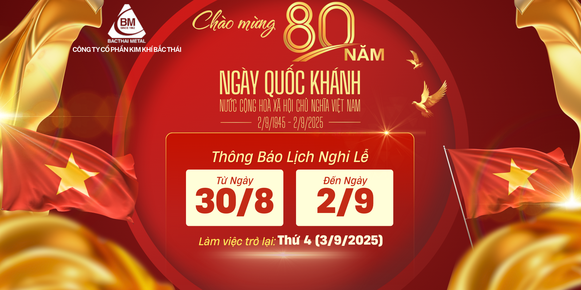CÔNG TY CỔ PHẦN KIM KHÍ BẮC THÁI THÔNG BÁO NGHỈ LỄ QUỐC KHÁNH 2/9